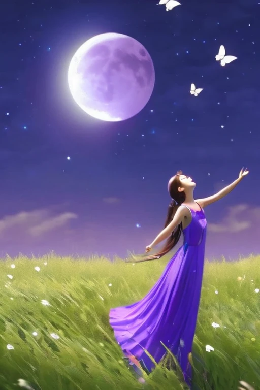 A beautiful girl wearing a purple dress with white butterflies, singing under the moon on the field of grass