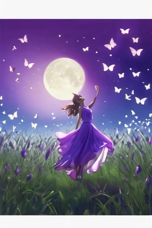 A beautiful girl wearing a purple dress with white butterflies, singing under the moon on the field of grass