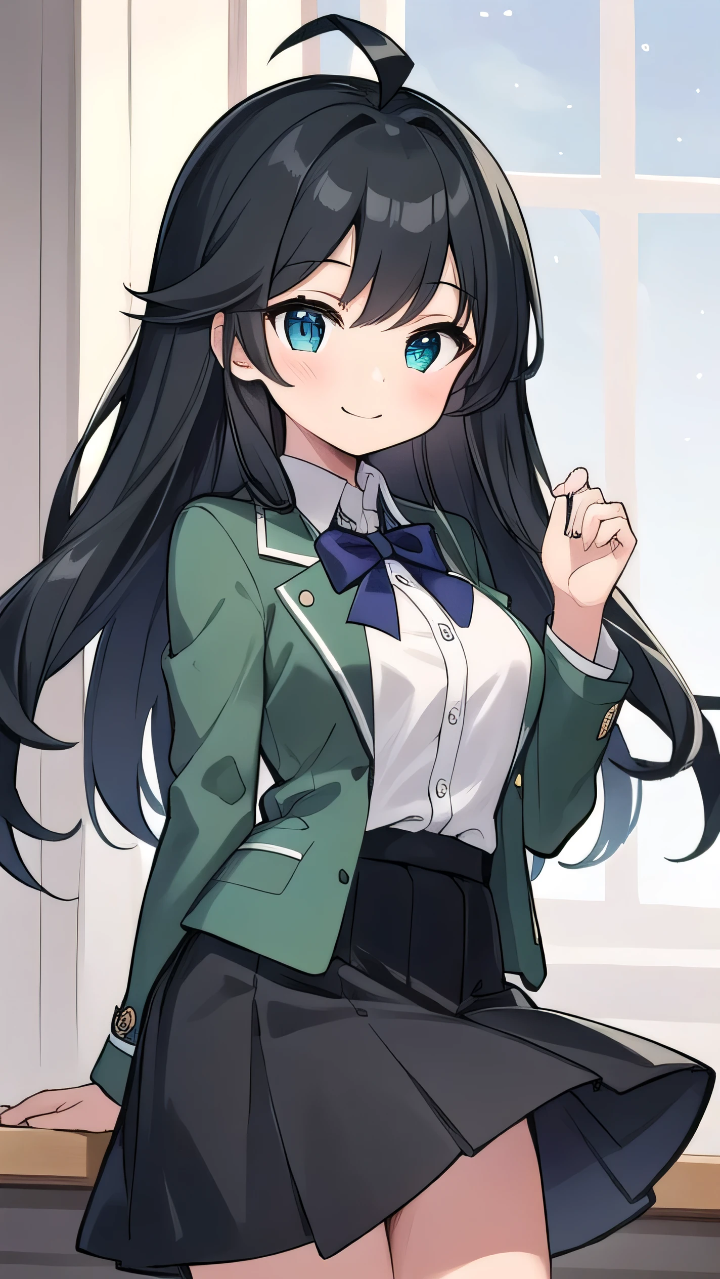 Junior high school student who looks like an elementary school student, , very short, 140 cm tall, black hair with a slight green tinge, short ahoge, beautiful long hair but with a little hair sticking out, beautiful round eyes, blue eyes, smile, boyish, long sleeves, Thick clothes, skirt, big breasts, hair longer than waist, long hair, childish face, gentle smile, a little shy, black skirt, black hair with a slight green tinge, boyish, gentle smile, jacket one size larger, ( Deep greenish black hair: 1.3), Green jacket, white shirt, red tie, dark blue skirt