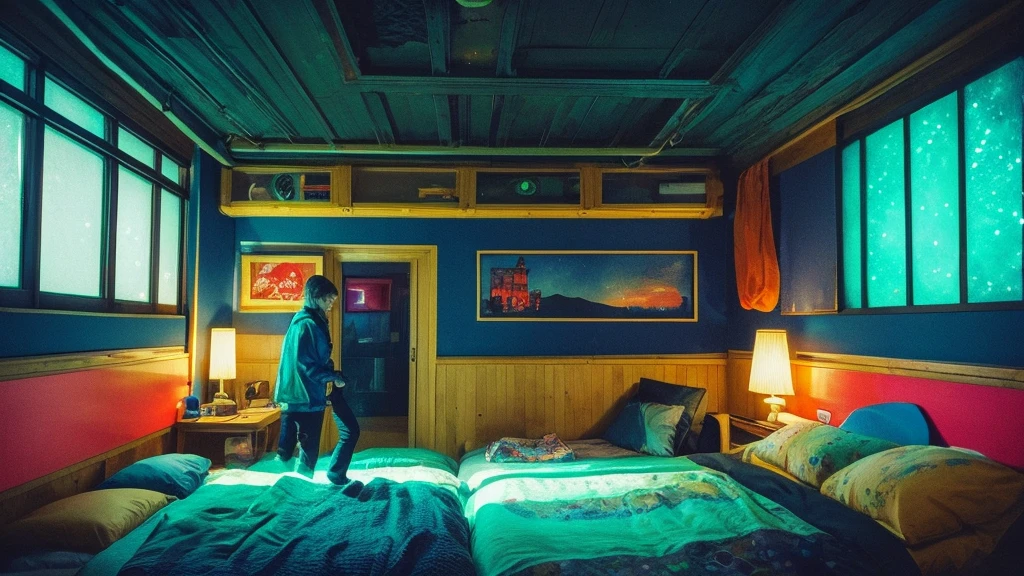 Listening to music in the room,Sleeping European boy, dream, Wear headphones, night lighting, Neon scenery on a rainy day, Analog Color Theme, Lo-fi Hip Hop , review, flat, 2.5D ,Draw a line, Ink painting, Large slope, Watercolor, Goosh Colors, Studio Ghibli style, Great colorful, Outerton, Krautlock, Lofi Art,Old Texture, amplitude,Psychedelic atmosphere, masterpiece, Great technology,