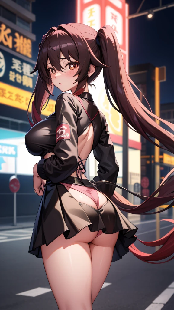 masterpiece, best quality, HuTaoV4, 1girl, solo, blush, twintails, long hair, hair between eyes, ((streetwear clothes)), city, outdoors, night, movie poster, extremely detailed 8K, smooth, high resolution, ultra quality, cinematic lighting, ambient occlusion, hd, 2k, 4k, 8k, 16k, extremely detailed anime, detailed faces, perfect composition, wide shot, atmospheric lighting, very sexy, lift latex skirt, random low back angle, uncensored, nsfw, sin censura, big ass, massive breast, short transparent skirt, pink panties