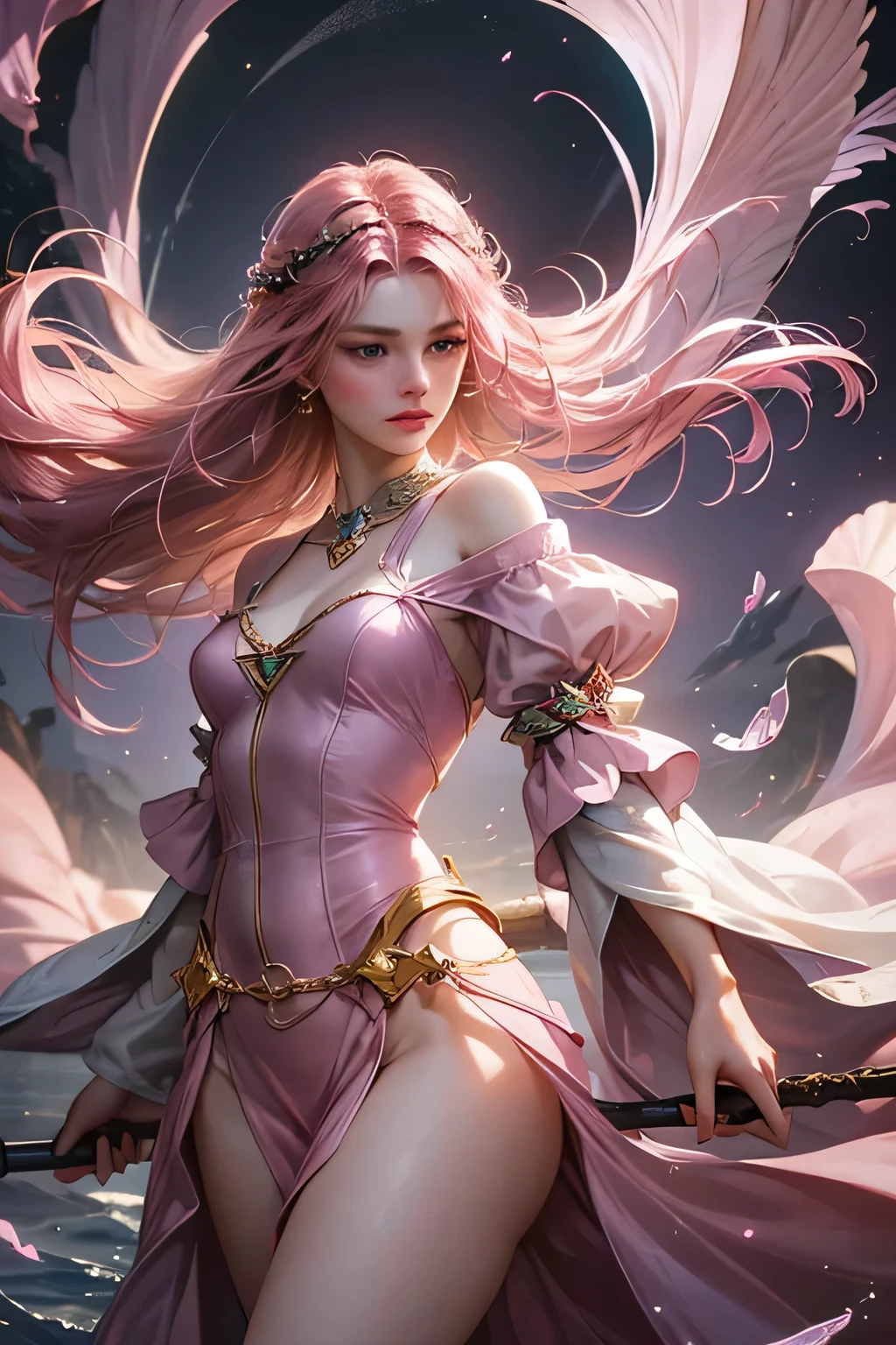"Create an ultra-realistic image of a stunning 18-year-old girl holding an air magical staff that exudes the energy of the wind and sky. She should be dressed in a sophisticated, ((((((dark pink)))))) shaded outfit that contrasts beautifully with her airy element. Depict her surrounded by elements of air, such as swirling breezes, floating feathers, and gentle currents, to highlight her command over this element. Include a distinct air symbol on her body, signifying her role as the keeper of air and illustrating the powerful, ethereal energy of air she holds within her."