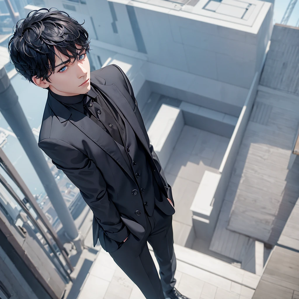 1boy, short black hair, light blue eyes, wearing all black suits, on top of a building, high res, ultrasharp, 8k, masterpiece, looking at viewer from behind
