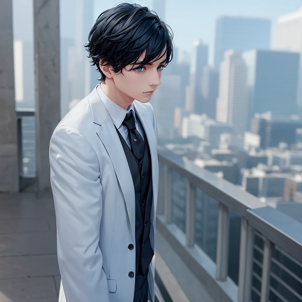 1boy, short black hair, light blue eyes, wearing all black suits, on top of a building, high res, ultrasharp, 8k, masterpiece, looking at viewer from behind
