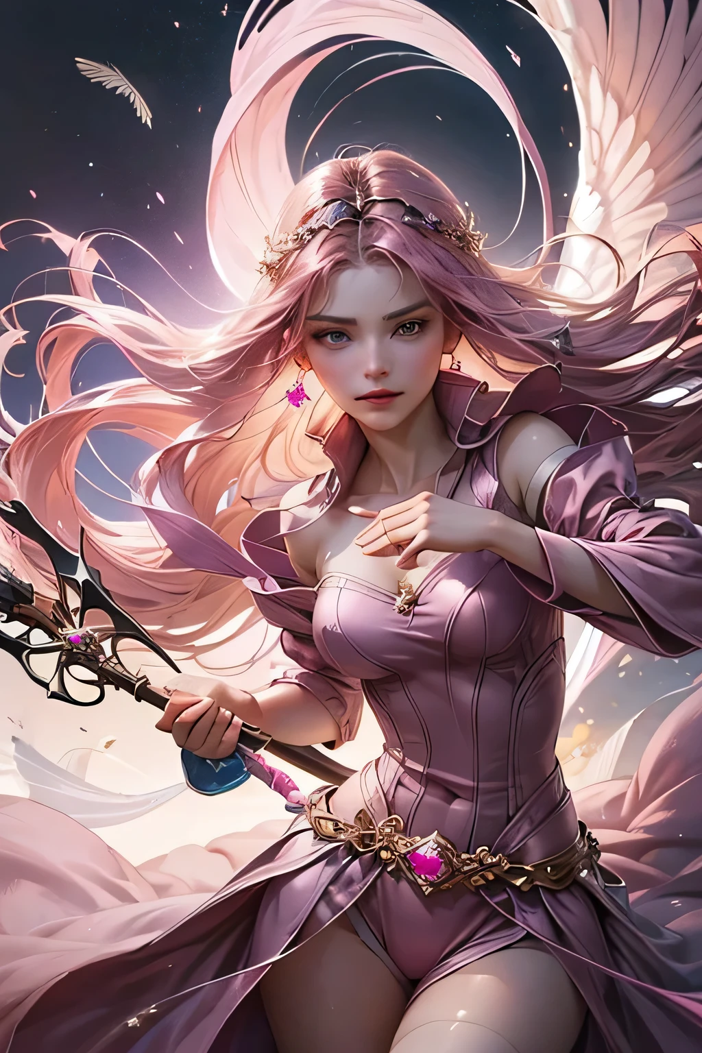 "Create an ultra-realistic image of a stunning 18-year-old girl holding an air magical staff that exudes the energy of the wind and sky. She should be dressed in a sophisticated, ((((((dark pink)))))) shaded outfit that contrasts beautifully with her airy element. Depict her surrounded by elements of air, such as swirling breezes, floating feathers, and gentle currents, to highlight her command over this element. Include a distinct air symbol on her body, signifying her role as the keeper of air and illustrating the powerful, ethereal energy of air she holds within her."