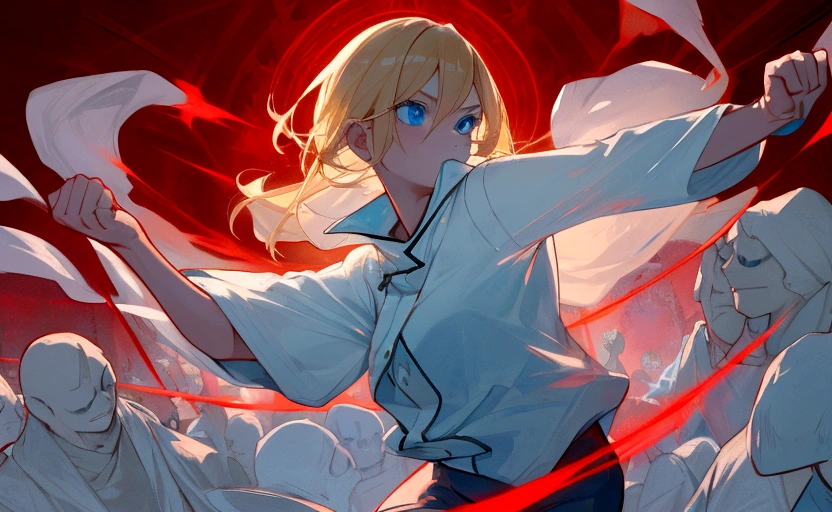 A blonde woman with short, easy-to-move-in clothes, a red aura around her, light blue eyes, and fists raised.