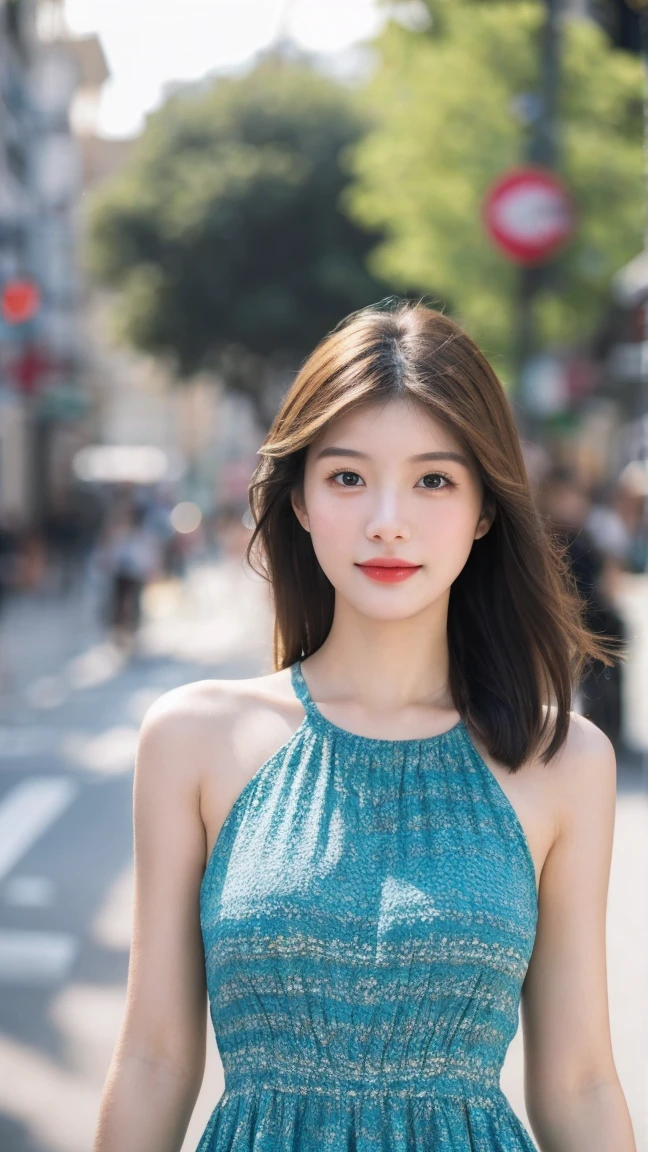 ((Best Quality, 8k, Masterpiece:1.3))，1 girl，18 years，asian，real texture:1.3，(background blur:1.1)，beautiful long dress，tall and slender figure:1.2，(hot summer weather)，（street:1.3），Highly detailed face and skin textures.，exquisite eyes，long eyelashes，double eyelids，skin whitening，happy，Various postures，big breasts
