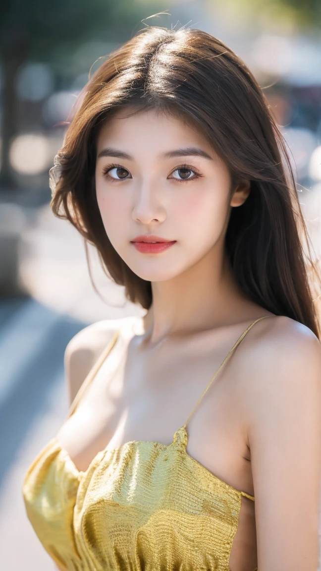((Best Quality, 8k, Masterpiece:1.3)),1 girl,18 years,asian,real texture:1.3,(background blur:1.1),beautiful long dress,tall and slender figure:1.2,(hot summer weather),(street:1.3),Highly detailed face and skin textures.,exquisite eyes,long eyelashes,double eyelids,skin whitening,happy,Various postures,big breasts