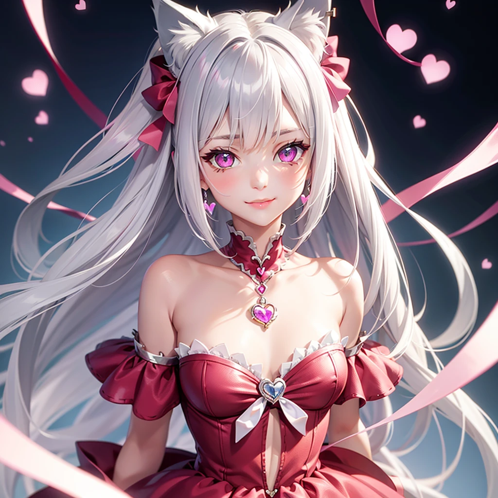 Silver hair, pink eyes, body, cat ears, girl, earrings, heart background fantasy, princess, godly, hair bows,  happy face, red dress