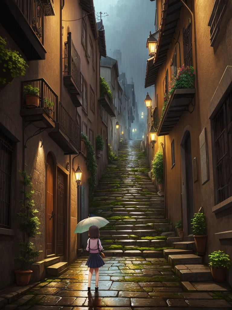 Rainy day little girl(Back view standing foreground close-up)Take an umbrella and walk up the stone stairs ( Perfect anatomical structure )HD anime cityscape with narrow alleys with many plants(stone staircase going up)anime scenery anime style cityscape, Colorful anime background anime art delicate art realistic super detailed digital art style