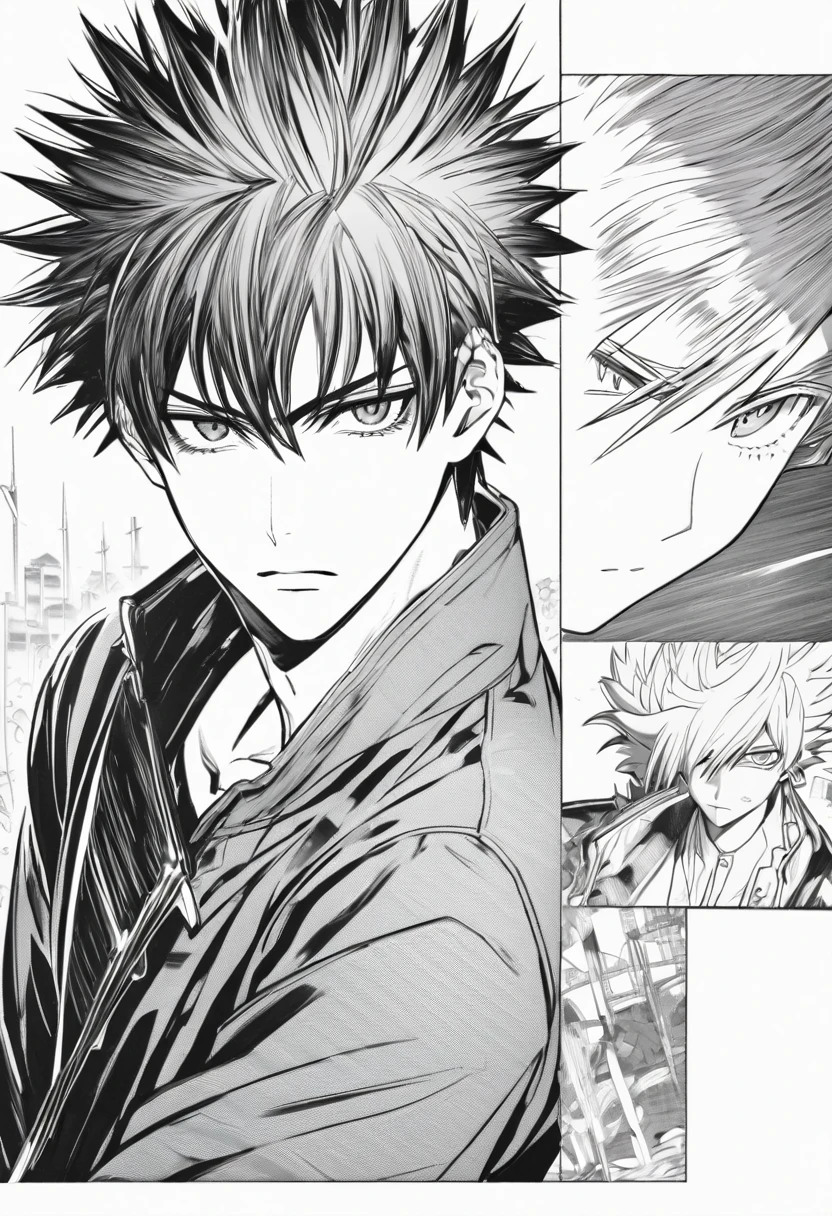 looking at viewer, holding a dagger, boy, 1boy, tired eyes, Spiky hair, monochrome, black and white, manga