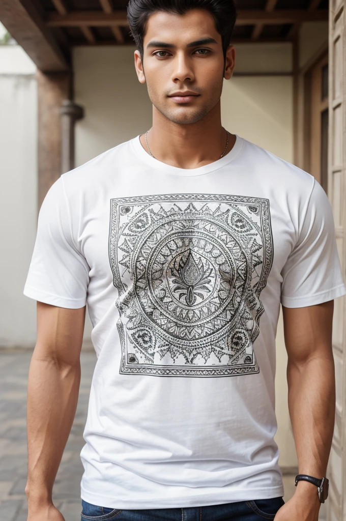a male model wearing a white t - shirt with a patterned design on it, patterned clothing, high detailed print, printed on a cream linen t-shirt, with kerala motifs, graphic tees, patterned, delicate patterned, plain white tshirt, man in white t - shirt, urban clothing, ethnic, indian patterns, graphic print, block print, men's fashion, intricate details. front on, clothing photography, sport t-shirt, with symmetry intricate detailed, with intricate details