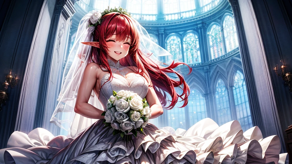 (masterpiece, top quality, best quality, official art, beautiful and aesthetic:1.2), (1girl:1.3), extremely detailed, official artstyle, highest detailed, parted lips,wallpaper, both eyes closed, long hair, beautiful red hair, ponytail hairstyle, bangs, horns, black horns, elf ear, (happiness, beautiful smile, happy expression, happy face), ((Wedding dress, chies, Bridal veil, Wedding, Bouquet)),(cowboy shot), holding a flower, cowboy shot