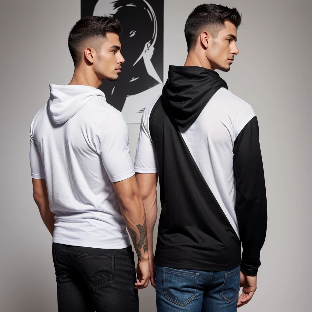 2 men,first man wearing half sleeve black hooded tshirt,second man wearing full sleeve white tshirt,first man backside view,
