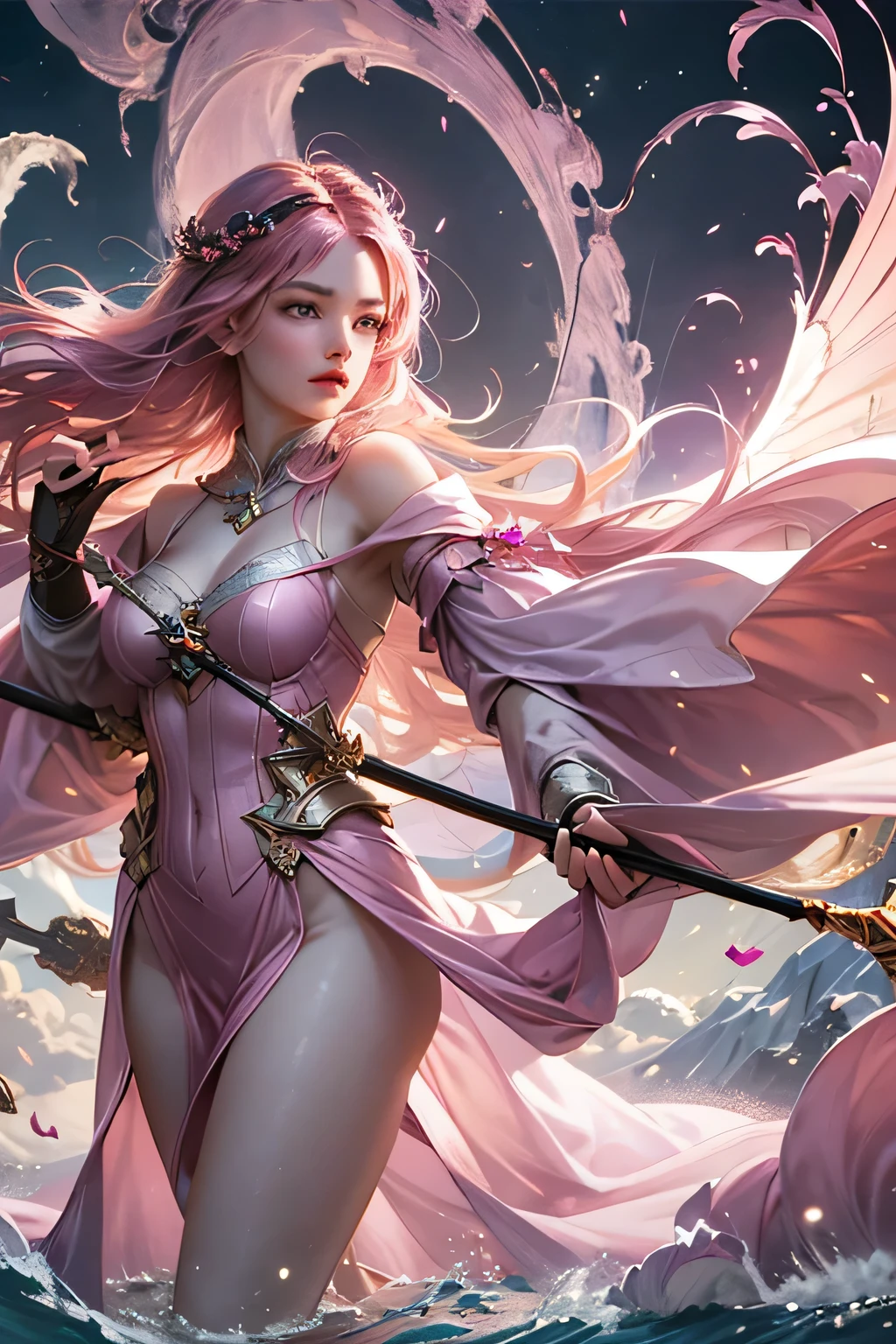 "Create an ultra-realistic image of a stunning 18-year-old girl holding an air magical staff that exudes the energy of the wind and sky. She should be dressed in a sophisticated, ((((((dark pink)))))) shaded outfit that contrasts beautifully with her airy element. Depict her surrounded by elements of air, such as swirling breezes, floating feathers, and gentle currents, to highlight her command over this element. Include a distinct air symbol on her body, signifying her role as the keeper of air and illustrating the powerful, ethereal energy of air she holds within her."