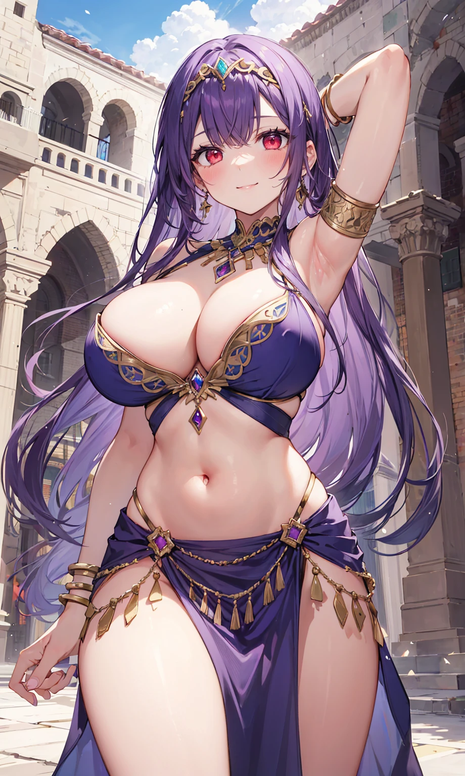 high quality, ultra detailed, best quality, insanely detailed, beautiful, masterpiece, 1girl, medieval plaza, cowboy shot, red eyes, long hair, purple hair, belly dancer, circlet, earrings, armlets, bracelets, bashful smile, large breasts, cleavage, soft stomach