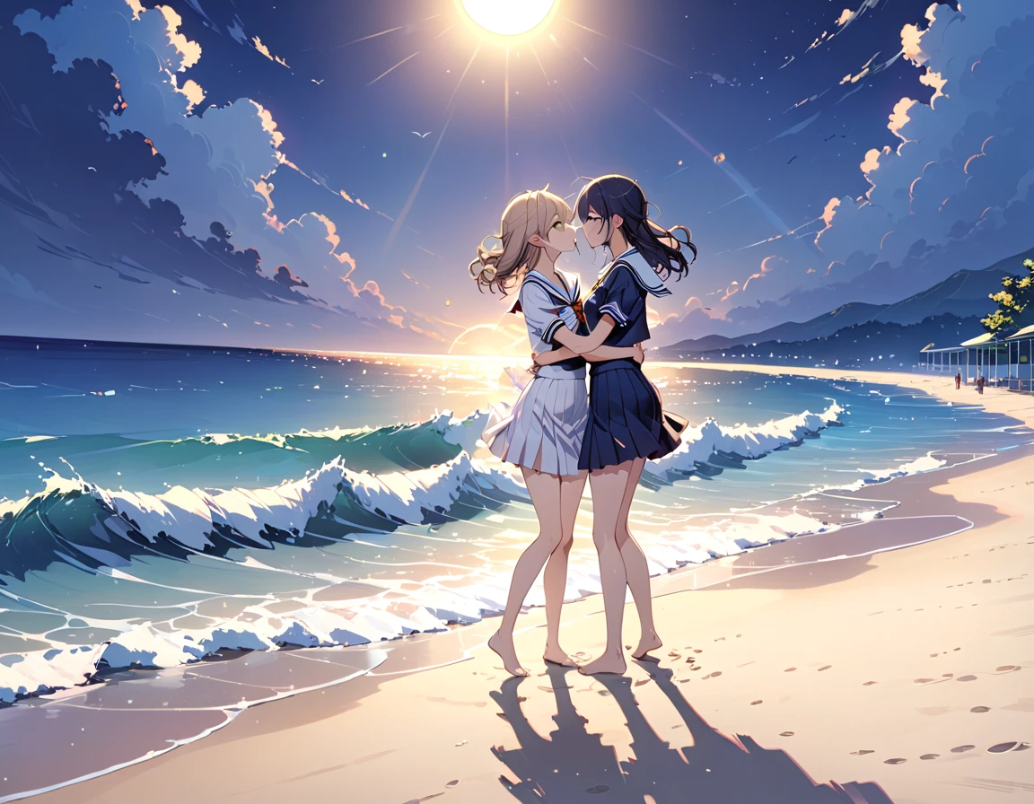 Highest quality、detailed、More information、beautifully、Anime Scenery、summer、Ocean、Ocean岸、Sandy Beach、beautifulOcean、tide、No people、Sun reflection、Quiet waves、Emotional、Attractive landscape painting、bright、陰Shadow、beautiful、night、beautifulnight景、youth、summer、Beach、men and women、high school student、Couple、Shadow、uniform、Sailor suit and 、Splashing water on each other、profile、Sandy Beachに立っていたらtideが充ちてきている、