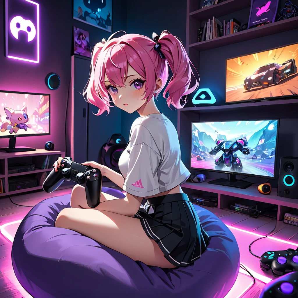 masterpiece, highly detailed, 8k, night time, neon gaming cave, adorable short haired American gamer girl sitting on a bean bag, cute face, holding a playstation game control, looking at the monitor, Twitch streamer, camgirl, very short skirt, fit, gorgeous, sexy, 23 year old, over the knee socks, pink hair, messy twin tails, (dynamic pose), (dynamic angle), panty shot
