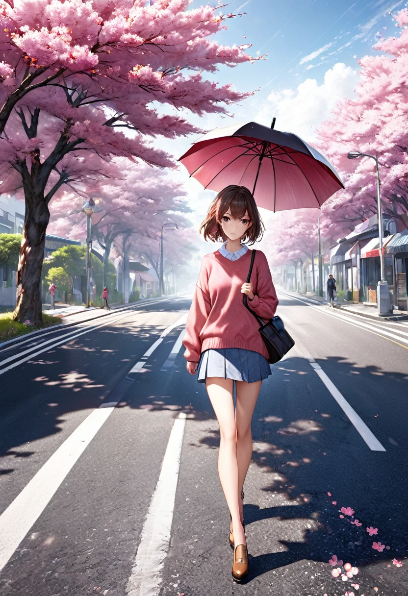 (Extremely detailed CG unity 8k wallpaper), Wide Angle, 1 girl holding an umbrella, Solitary, Walking in the middle of the road, Pink cherry blossom trees on the roadside, whole body, sweater, Short skirt, Fashion, complex, High Detail, Clear focus, dramatic, Realistic Art