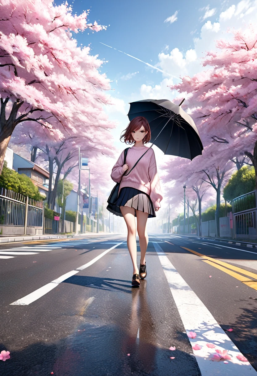 (Extremely detailed CG unity 8k wallpaper), Wide Angle, 1 girl holding an umbrella, Solitary, Walking in the middle of the road, Pink cherry blossom trees on the roadside, whole body, sweater, Short skirt, Fashion, complex, High Detail, Clear focus, dramatic, Realistic Art