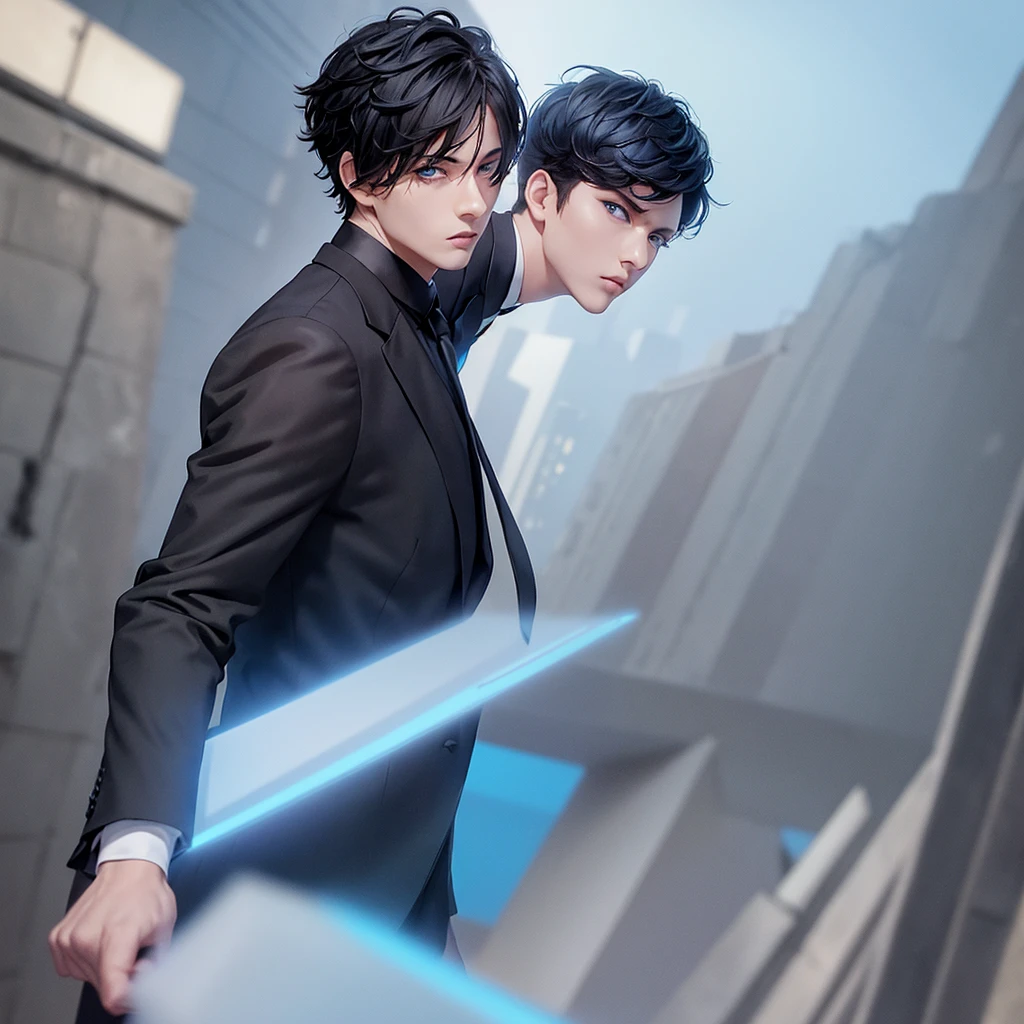 1boy, short black hair, light blue eyes, wearing all black suits, on top of a building, high res, ultrasharp, 8k, masterpiece, looking at viewer from behind
