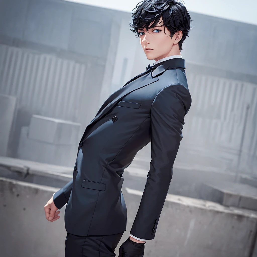 1boy, short black hair, light blue eyes, wearing all black suits, on top of a building, high res, ultrasharp, 8k, masterpiece, looking at viewer from behind