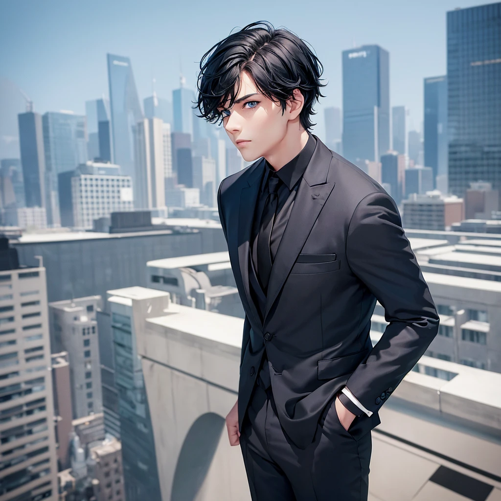 1boy, short black hair, light blue eyes, wearing all black suits, on top of a building, high res, ultrasharp, 8k, masterpiece, looking at viewer from behind
