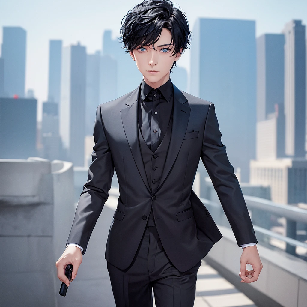 1boy, short black hair, light blue eyes, wearing all black suits, on top of a building, high res, ultrasharp, 8k, masterpiece, looking at viewer from behind
