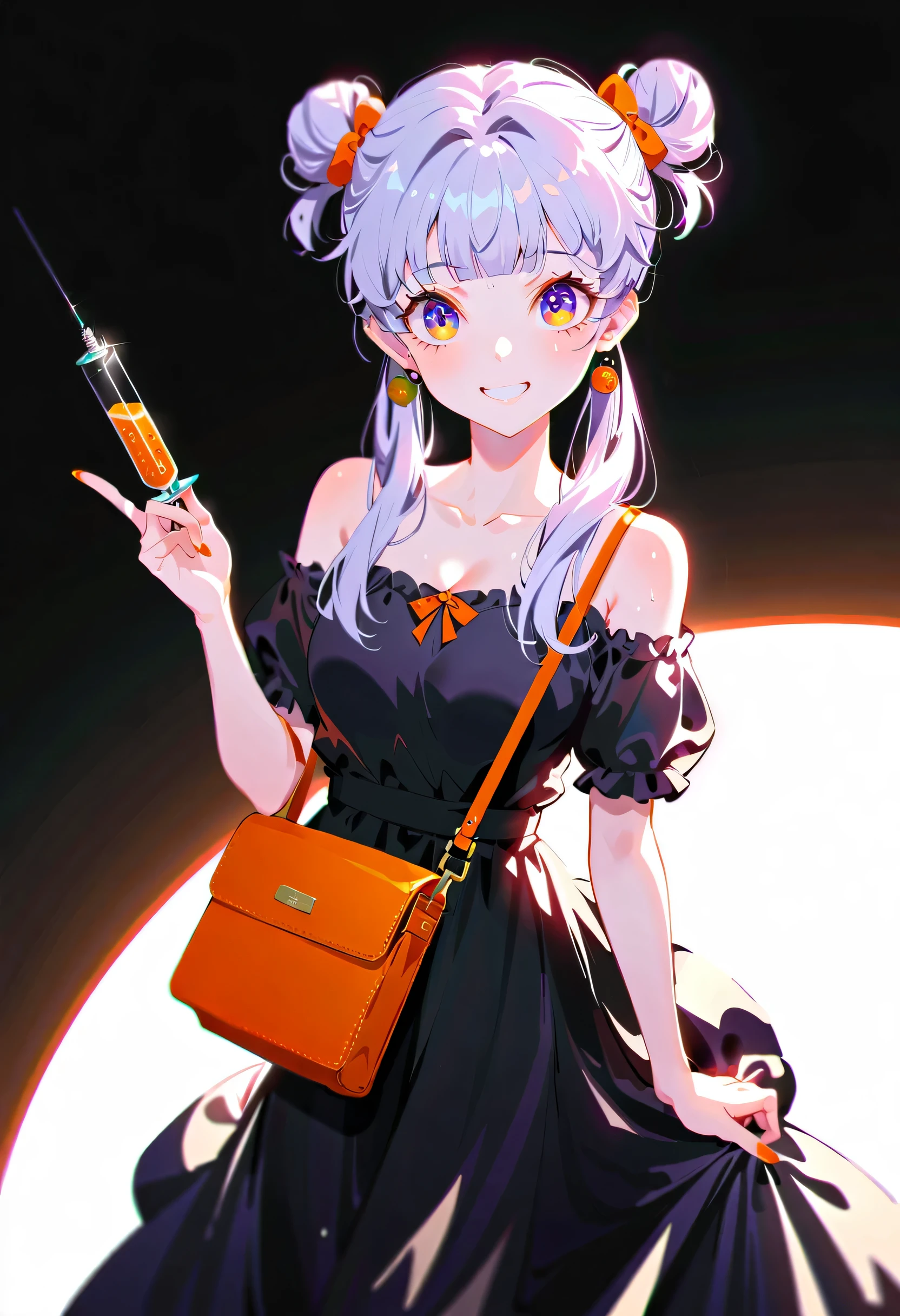 Purple hair girl painting、Glass mandarin orange earrings decorate both ears、Eye color: Ocean pink purple、Space Eyes、Inside the room、(((Giant orange shaped cushion)))、((Hugging on a cushion))、Sit down, long hair、Bun Hair、Cool and complicated, Hand holding sliced orange, A very happy expression with plenty of orange juice、((The syringe contains orange juice))、Very embarrassed、The best smile、Open your mouth wide、Grin、Eyes closed、((Purple and black dress))、((Syringe Shoulder Bag)), Fun and lively characters, close( Perfect Anatomy )、Beautiful, translucent white skin、A purple dress slightly damp with sweat、Underwear is visible、quality\(8K,Highly detailed CG unit wallpaper, masterpiece,High resolution,top-quality,top-quality real texture skin,Super two-dimensional,Increase the resolution,RAW Photos,highest quality,Very detailed,wallpaper,Ray-tracing,Golden Ratio\),[Browsing Caution]、White and orange theme、Everything is orange except for the outfit, hairstyle, and eye color.、barefoot,Love Hotel