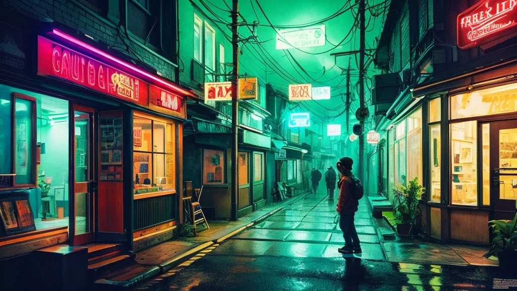 Listening to music in the room,Are sleeping,bed,American Boy, Wear headphones, night lighting, Neon scenery on a rainy day, Analog Color Theme, Lo-fi Hip Hop , review, flat, 2.5D ,Draw a line, Ink painting, Large slope, Watercolor, Goosh Colors, Studio Ghibli style, Great colorful, Outerton, Krautlock, Lofi Art,Old Texture, amplitude,Psychedelic atmosphere, masterpiece, Great technology,