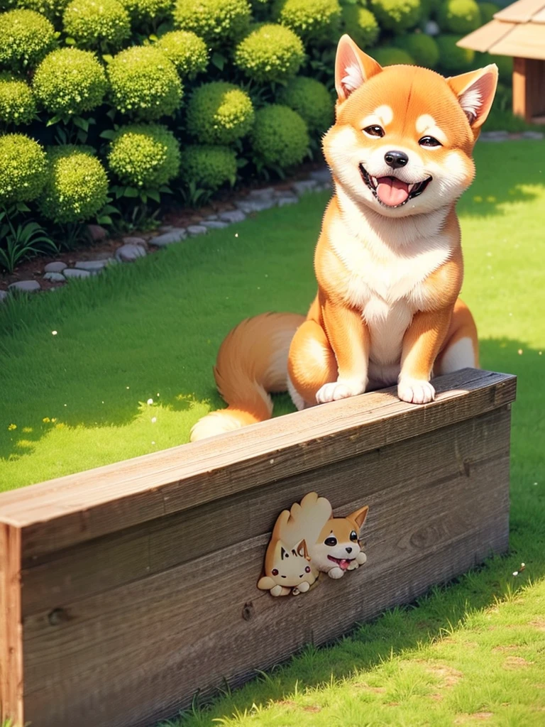 Highest Resolution,Highest quality,Shiba Inu,可愛いShiba Inu,Fluffy,smile,Drooling,Dripping saliva,Overflowing saliva,Iyashiba dog,garden,doghouse,grass,Stringy saliva,