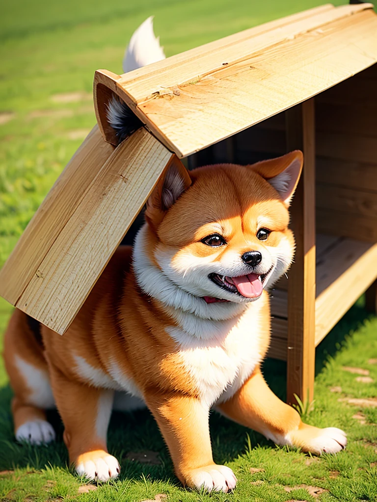 Highest Resolution,Highest quality,Shiba Inu,可愛いShiba Inu,Fluffy,smile,Drooling,Dripping saliva,Overflowing saliva,Iyashiba dog,garden,doghouse,grass,Stringy saliva,