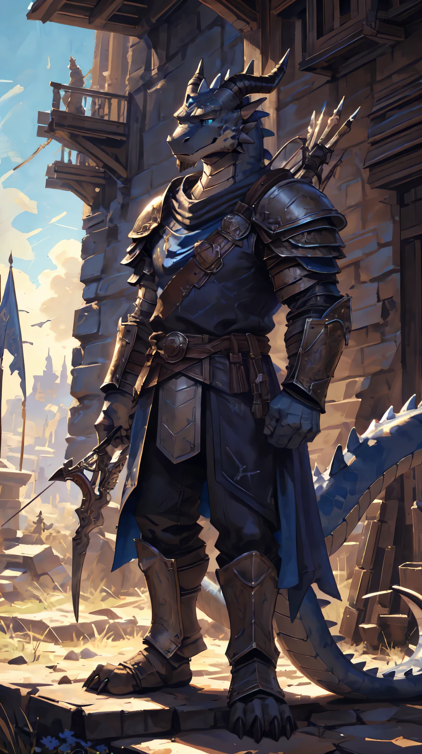 ((middle Ages:1.3,Range background:1.5)),Royal Family:1.2,((Heavy Crossbowman:1.6,Heavy Crossbow:1.5)),((sunny:1.4)),high resolution,4K,(((whole body:1.1,Strike a pose:1.5))),masterpiece,high quality,((dragon)),male,dragonFurry,(ager:1.3),hairy,((Heroic and Calm:1.4)),(((Slender face:1.2,Lean:1.2,Long legs:1.3,Thick dragon tail:1.2))),(((Gray head:1.2,Blue pupils:1.2,neck:1.3,Gray Hands:1.4,muscle:1.3))),(((White Armor:1.3,There is a blue flag on the armor:1.4))),Exquisite eyes,Detailed body,Detailed hands,Detailed feet,Kenket's Art