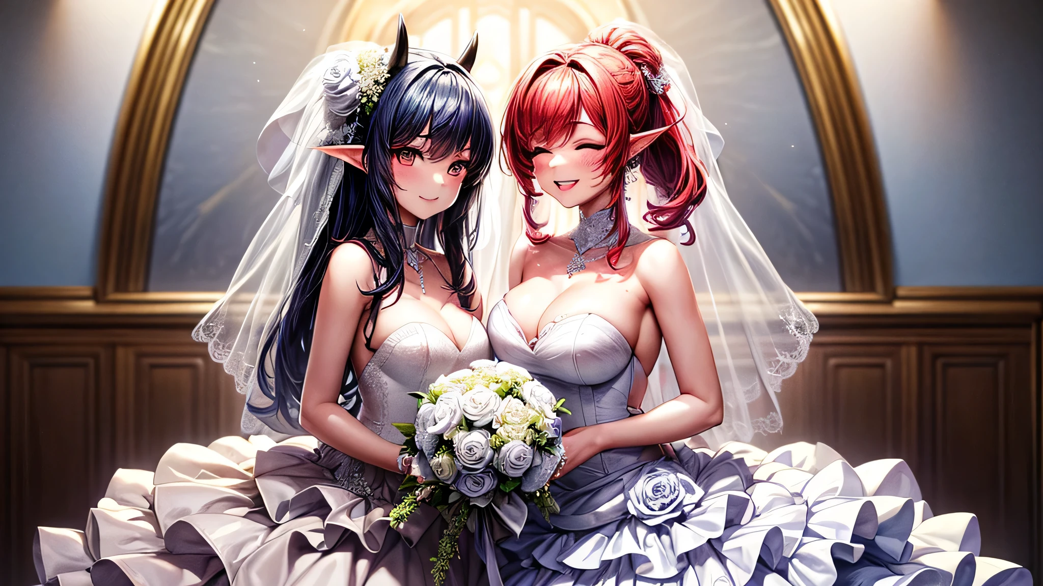 (masterpiece, top quality, best quality, official art, beautiful and aesthetic:1.2), (1girl:1.3), extremely detailed, official artstyle, highest detailed, parted lips,wallpaper, both eyes closed, long hair, beautiful red hair, ponytail hairstyle, bangs, horns, black horns, elf ear, (happiness, beautiful smile, happy expression, happy face), ((Wedding dress, chies, Bridal veil, Wedding, Bouquet)),(cowboy shot), holding a flower, cowboy shot
