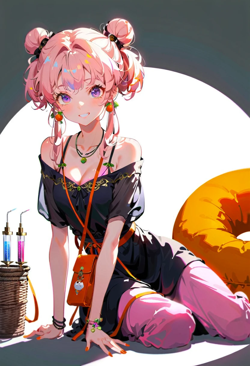 Purple hair girl painting、Glass mandarin orange earrings decorate both ears、Eye color: Ocean pink purple、Space Eyes、Inside the room、(((Giant orange shaped cushion)))、((Hugging on a cushion))、Sit down, long hair、Bun Hair、Cool and complicated, Hand holding sliced orange, A very happy expression with plenty of orange juice、((The syringe contains orange juice))、Very embarrassed、The best smile、Open your mouth wide、Grin、目はclose、((Purple and black dress))、((Syringe Shoulder Bag)), Fun and lively characters, close( Perfect ??????? )、Beautiful, translucent white skin、Wet purple dress、Pink underwear is visible、Pink bra is visible through、Pink pants show through、quality\(8K,非常に精細なCGユニットのwallpaper, masterpiece,High resolution,top-quality,top-quality real texture skin,Super two-dimensional,Increase the resolution,RAW Photos,最高quality,Very detailed,wallpaper,Ray-tracing,Golden Ratio\),[Browsing Caution]、White and orange theme、Everything is orange except for the outfit, hairstyle, and eye color.、barefoot,Love Hotel