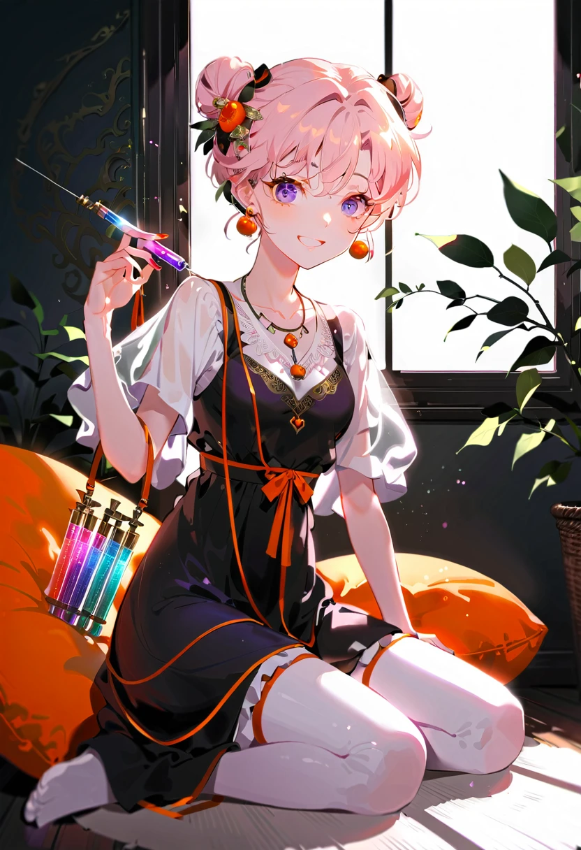 Purple hair girl painting、Glass mandarin orange earrings decorate both ears、Eye color: Ocean pink purple、Space Eyes、Inside the room、(((Giant orange shaped cushion)))、((Hugging on a cushion))、Sit down, long hair、Bun Hair、Cool and complicated, Hand holding sliced orange, A very happy expression with plenty of orange juice、((The syringe contains orange juice))、Very embarrassed、The best smile、Open your mouth wide、Grin、目はclose、((Purple and black dress))、((Syringe Shoulder Bag)), Fun and lively characters, close( Perfect Anatomy )、Beautiful, translucent white skin、Wet purple dress、Pink underwear is visible、Pink bra is visible through、Pink pants show through、quality\(8K,非常に精細なCGユニットのwallpaper, masterpiece,High resolution,top-quality,top-quality real texture skin,Super two-dimensional,Increase the resolution,RAW Photos,最高quality,Very detailed,wallpaper,Ray-tracing,Golden Ratio\),[Browsing Caution]、White and orange theme、Everything is orange except for the outfit, hairstyle, and eye color.、barefoot,Love Hotel