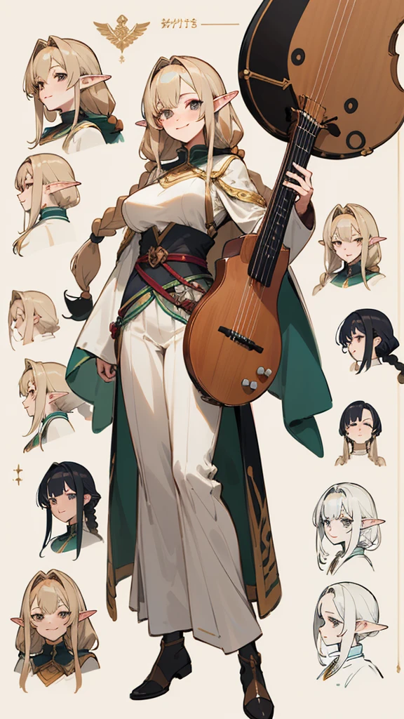 anime - style image of a character with a variety of hair and accessories, anime set style, anime character reference sheet, fantasy uniform, flat anime style, anime full body illustration, full_body!!, complete detailed body, extra detailed body, anime vtuber full body model, soft anime illustration, anime style character, clean detailed anime style, dungeons and dragons, bard, grinning, happy, detailed hairstyle, long hair, braid, natural colored hair, elf, bard,, fantasy Arabian outfit, instrument, female, girl, mature, large breasts,