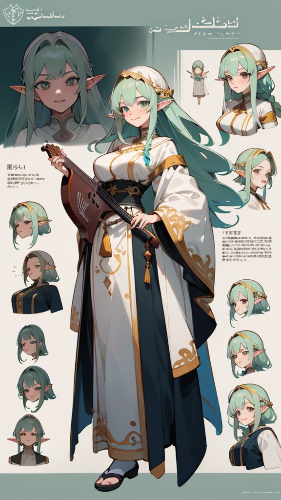 anime - style image of a character with a variety of hair and accessories, anime set style, anime character reference sheet, fantasy uniform, flat anime style, anime full body illustration, full_body!!, complete detailed body, extra detailed body, anime vtuber full body model, soft anime illustration, anime style character, clean detailed anime style, dungeons and dragons, bard, grinning, happy, detailed hairstyle, long hair, braid, natural colored hair, elf, bard,, fantasy Arabian outfit, instrument, female, girl, mature, large breasts,
