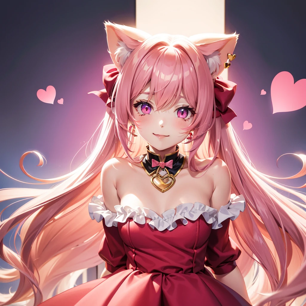 Ombre hair, pink eyes, body, cat ears, girl, earrings, heart background fantasy, princess, godly, hair bows, happy face, red dress