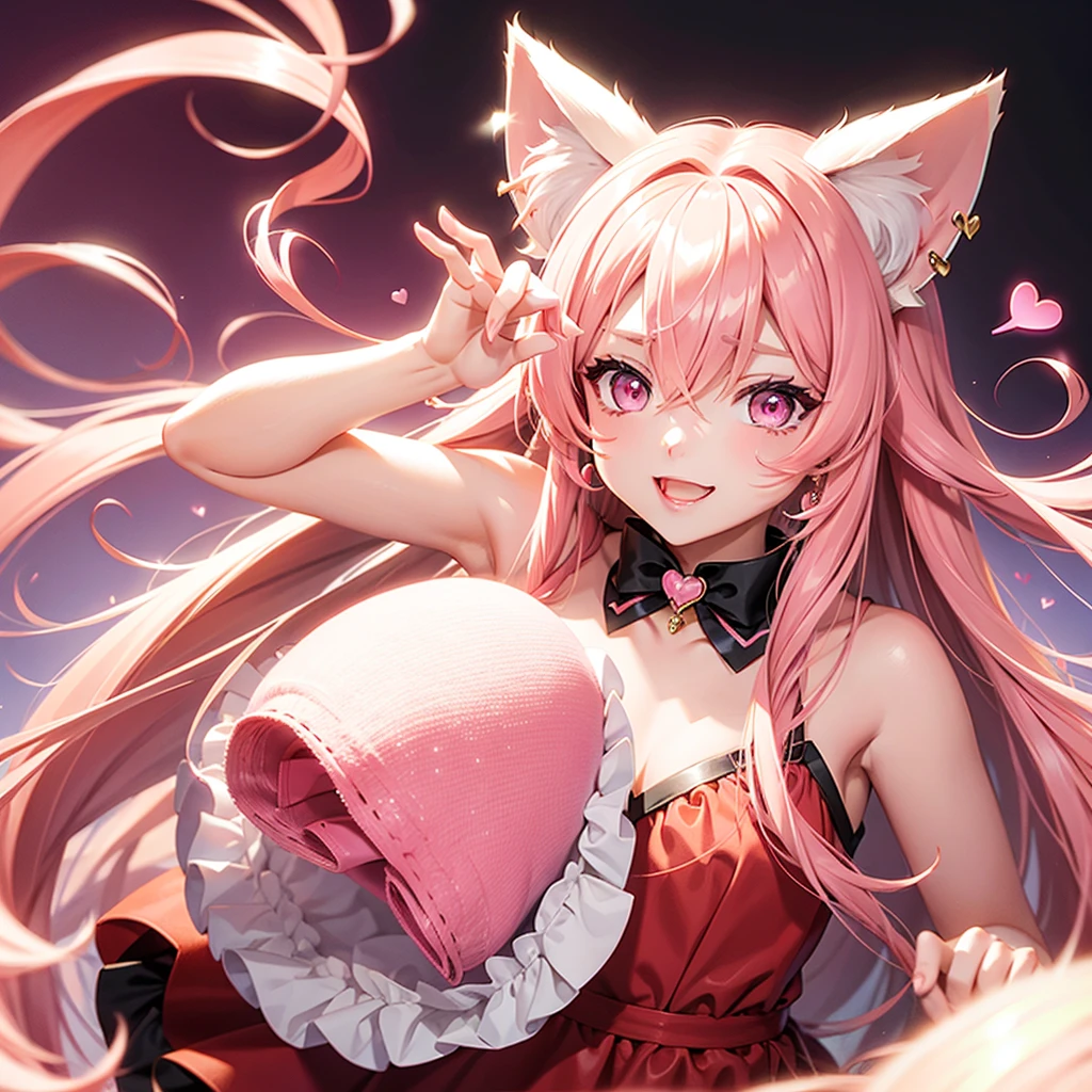 Ombre hair, pink eyes, body, cat ears, girl, earrings, heart background fantasy, princess, godly, hair bows,  happy face, red dress