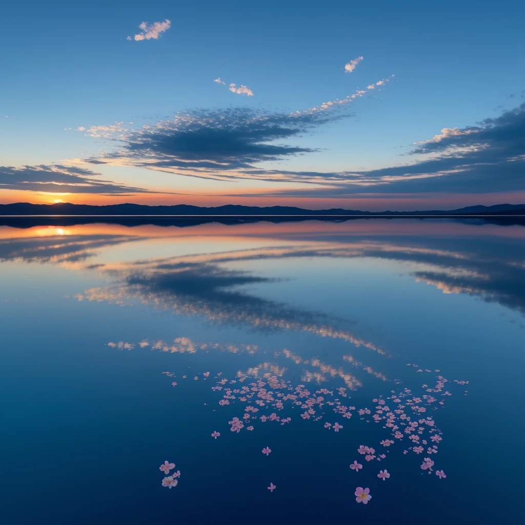 Extremely detailed,Very detailed,best quality,masterpiece,illustration,Practical,
mirror of the Sky, reflection, different reflection, 
flower, Sky, cloud, dusk, outdoor, water, blue Sky, contour, wind,flower瓣, falling flower瓣, Sunset, 
 