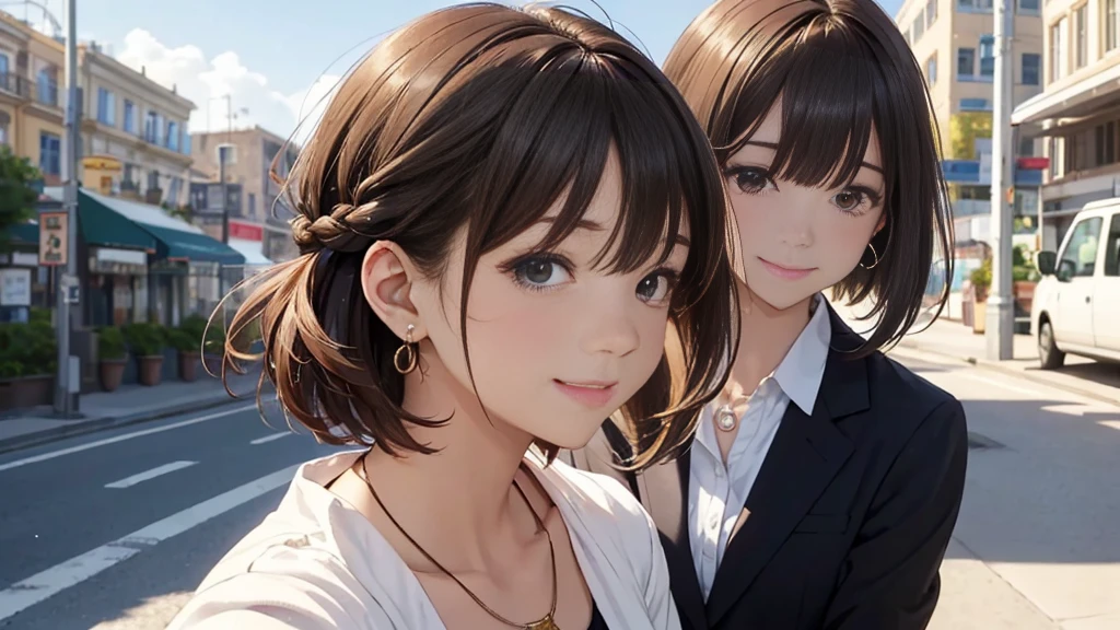 1 female、The background is a skyscraper、Downtown Parks、People are having lunch。squirt(Highest quality:1.2),Highest quality、masterpiece、High resolution)、、((Right beside、Woman profile、))、(Detailed depiction of a beautiful face)、Suit jacket、A kind smile、Medium Short Hair、Brown Hair、(Highest quality:1.2)、Very detailed、High resolution、masterpiece:1,2、Bright colors、Bokeh、Professional Lighting、Physically Based Rendering、Flat Color:0.8、Fine Illustration、Realistic:1.37、Makoto Shinkai style、Name Style、Light Brown Hair、Elegant update、Short Bob、Young woman、Laugh together、Dynamic poselip、cheek(Dark Brown Hair/)bangs、cheek(direction)、(最高masterpiece1.2)繊細なイラストVery detailed、Break Blue Sky、Detailed Background、、、A shy smile、Through clenched teeth、Clench your teeth、lip、cheek(Flat Color: 0.8)、(masterpiece: 1,2)、(masterpiece: 1,2)、High resolution、超High resolution、Highest quality、High resolution、Ultra-thin illustration、Makoto Shinkai style、Your Name is Style、long hair、Short Bob、necklace、Earrings、Dynamic pose、Selfie、whole body、Brown Hair、Braiding、Hair Bun、ponytail・Hair Bunスタイル、necklace、Valletta、ribbon、Earrings・アニキュア,