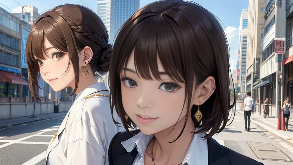 1 female、The background is a skyscraper、Downtown Parks、People are having lunch。squirt(Highest quality:1.2),Highest quality、masterpiece、High resolution)、、((Right beside、Woman profile、))、(Detailed depiction of a beautiful face）、Suit jacket、A kind smile、Medium Short Hair、Brown Hair、（Highest quality:1.2)、Very detailed、High resolution、masterpiece:1,2、Bright colors、Bokeh、Professional Lighting、Physically Based Rendering、Flat Color:0.8、Fine Illustration、Realistic:1.37、Makoto Shinkai style、Name Style、Light Brown Hair、Elegant update、Short Bob、Young woman、Laugh together、Dynamic poselip、cheek(Dark Brown Hair/)bangs、cheek(direction)、(最高masterpiece1.2)繊細なイラストVery detailed、Break Blue Sky、Detailed Background、、、A shy smile、Through clenched teeth、Clench your teeth、lip、cheek(Flat Color: 0.8)、(masterpiece: 1,2)、(masterpiece: 1,2)、High resolution、超High resolution、Highest quality、High resolution、Ultra-thin illustration、Makoto Shinkai style、Your Name is Style、long hair、Short Bob、necklace、Earrings、Dynamic pose、Selfie、whole body、Brown Hair、Braiding、Hair Bun、ponytail･Hair Bunスタイル、necklace、Valletta、ribbon、Earrings・アニキュア,