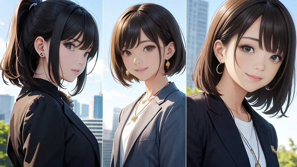 1 female、The background is a skyscraper、Downtown Parks、People are having lunch。squirt(Highest quality:1.2),Highest quality、masterpiece、High resolution)、、((Right beside、Woman profile、))、(Detailed depiction of a beautiful face)、Suit jacket、A kind smile、Medium Short Hair、Brown Hair、(Highest quality:1.2)、Very detailed、High resolution、masterpiece:1,2、Bright colors、Bokeh、Professional Lighting、Physically Based Rendering、Flat Color:0.8、Fine Illustration、Realistic:1.37、Makoto Shinkai style、Name Style、Light Brown Hair、Elegant update、Short Bob、Young woman、Laugh together、Dynamic poselip、cheek(Dark Brown Hair/)bangs、cheek(direction)、(最高masterpiece1.2)繊細なイラストVery detailed、Break Blue Sky、Detailed Background、、、A shy smile、Through clenched teeth、Clench your teeth、lip、cheek(Flat Color: 0.8)、(masterpiece: 1,2)、(masterpiece: 1,2)、High resolution、超High resolution、Highest quality、High resolution、Ultra-thin illustration、Makoto Shinkai style、Your Name is Style、long hair、Short Bob、necklace、Earrings、Dynamic pose、Selfie、whole body、Brown Hair、Braiding、Hair Bun、ponytail・Hair Bunスタイル、necklace、Valletta、ribbon、Earrings・アニキュア,