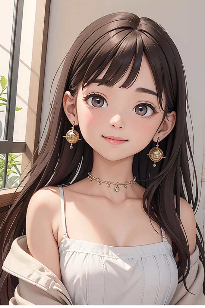 an unparalleled masterpiece、Ultra-realistic 8k CG、perfect artwork、wallpaper、1 Girl Girl Beautiful Girl、alone、beautiful face、
hair ornaments、looking at the viewer、Put a smile on your face、closed your mouth、hair ornaments、headless、jewelry、earrings、Brown hair long hair、
