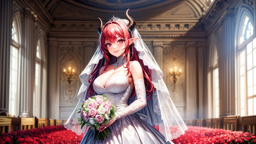 (masterpiece, top quality, best quality, official art, beautiful and aesthetic:1.2), (1girl:1.3), extremely detailed, official artstyle, highest detailed, parted lips,wallpaper, pink eyes, long hair, beautiful red hair, ponytail hairstyle, bangs, horns, black horns, elf ear, (happiness, beautiful smile, happy expression, happy face), ((Wedding dress, chies, Bridal veil, Wedding, Bouquet)),(cowboy shot), holding a flower, cowboy shot