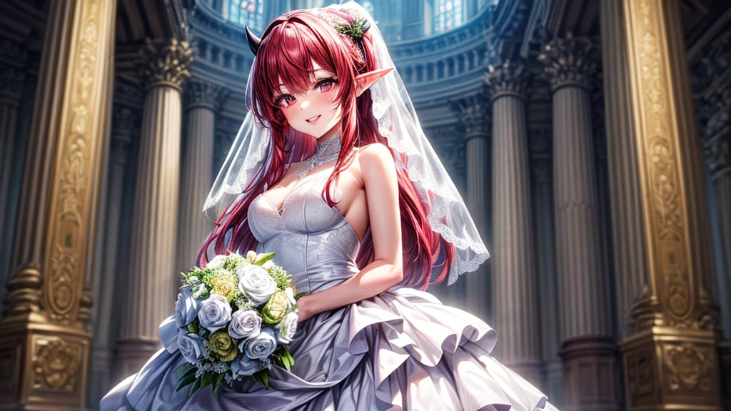 (masterpiece, top quality, best quality, official art, beautiful and aesthetic:1.2), (1girl:1.3), extremely detailed, official artstyle, highest detailed, parted lips,wallpaper, pink eyes, long hair, beautiful red hair, ponytail hairstyle, bangs, horns, black horns, elf ear, (happiness, beautiful smile, happy expression, happy face), ((Wedding dress, chies, Bridal veil, Wedding, Bouquet)),(cowboy shot), holding a flower, cowboy shot