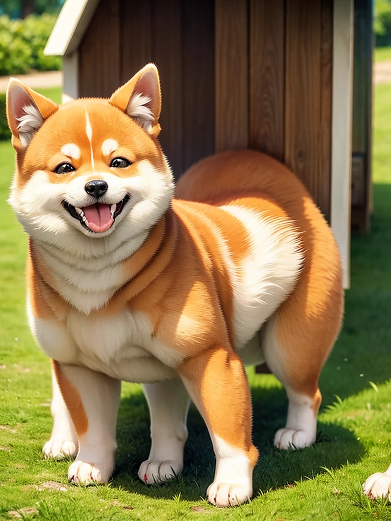 Highest Resolution,Highest quality,Shiba Inu,可愛いShiba Inu,Fluffy,smile,Drooling,Dripping saliva,Overflowing saliva,Iyashiba dog,garden,doghouse,grass,Stringy saliva,
