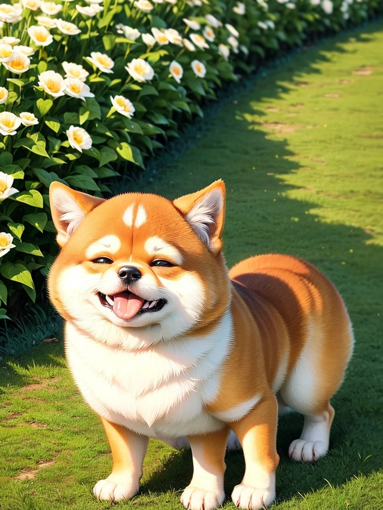 Highest Resolution,Highest quality,Shiba Inu,可愛いShiba Inu,Fluffy,smile,Drooling,Dripping saliva,Overflowing saliva,Iyashiba dog,garden,doghouse,grass,Stringy saliva,