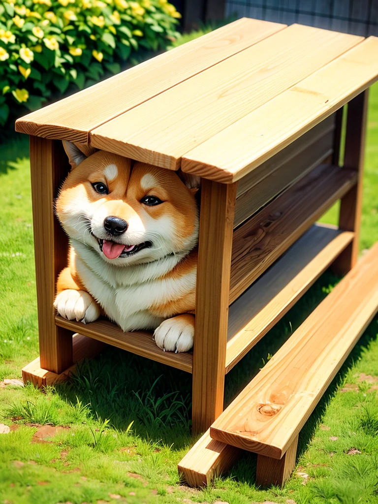Highest Resolution,Highest quality,Shiba Inu,可愛いShiba Inu,Fluffy,smile,Drooling,Dripping saliva,Overflowing saliva,Iyashiba dog,garden,doghouse,grass,Stringy saliva,